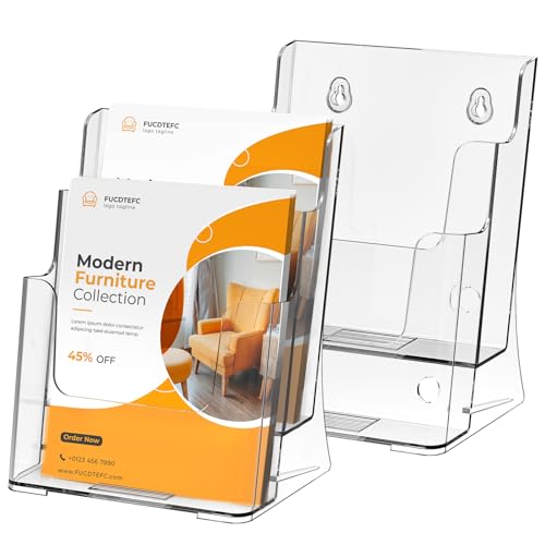 FUCDTEFC 2 Pack Acrylic Brochure Holder 8.5x11 & 4 x9 Inches, Clear 2 Tier Literature Magazine Stand Brochure Display Stand w Removable Divider Universal, Flyer Holder for Wall Mount or Countertop - size: 2 Pack 2-Tier Brochure Holder