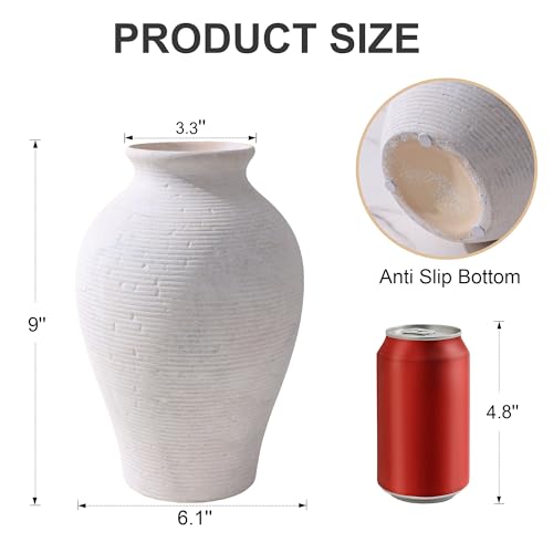 Ceramic Flower Vase Home Decor, 9 in Farmhouse Table Vase Rustic Vintage Living Room Kitchen Bedroom Pottery Decorative Vases for Flowers House Shelf Office Coffee Desk Dining Entryway Decor, White - color: 9 in - Antique White