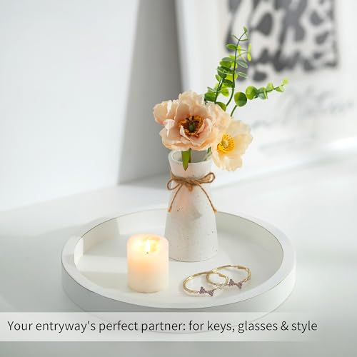 Hanobe Decorative Tray for Coffee Table: Wood Candle Holders Plate Round Rustic Trays for Ottoman Centerpiece Home Decor Living Room Kitchen Corner Organizer White