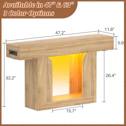 Homieasy Console Table, 47" Entryway Table with LED Lights & Charging Station, Farmhouse Wooden Sofa Table Behind Couch, Narrow Hallway Table for Living Room, Foyer, Entry, Natural Oak - color: Natural Oak, size: 47.2"