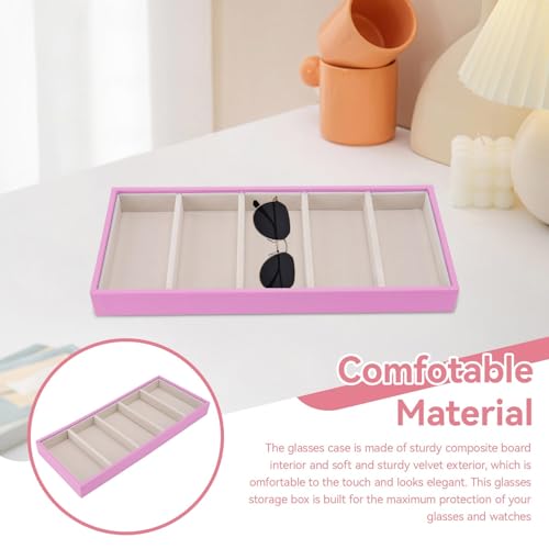 HERCHR Sunglass Organizer, Pink Velvet Glasses Tray 5 Grids Stackable Display Case for Women Glasses Jewelry Display Watch - color: Pink