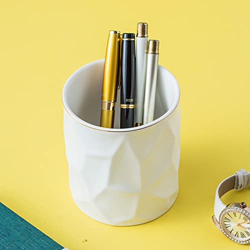 Ceramic Irregular Round Pen Holder For Desk Cute Stand Gold Line Pencil Cup Pot Desk Organizer for Girls Makeup Brush Holder (White) - color: White