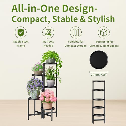 Tall Plant Stand Indoor Outdoor, Corner Metal Flower Pot Stands for Multiple Plants, 5 Tier Heavy Duty Plant Shelf for Patio Garden Balcony Living Room Bedroom - BlackDisk - color: BlackDisk, size: 5-Tiers
