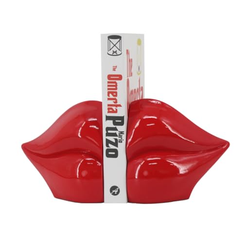 Red Lips Decorated Bookends，Set of 2 Heavy Decorative Book Stoppers，Unique Resin Decoration，Creative Desktop Red Decor for Study Room Hotel Office Shelves - color: Red Lips
