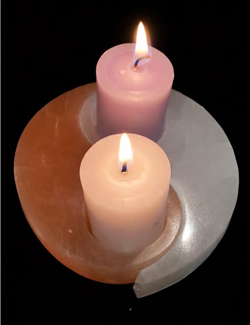 Selenite Stone Orange and White Yin Yang Tea Light Candle Holder, Handcrafted from Morocco