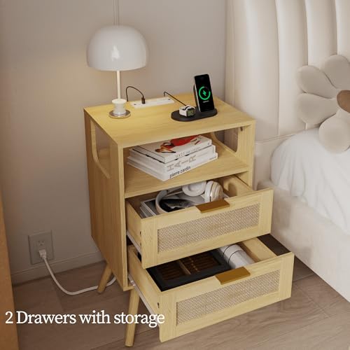 JOONEE Rattan Nightstand with Charging Station,Farmhouse Bedside Table with 2 Storage Drawer and Open Wood Shelf, for Bedroom and Small Spaces,Night Stand with Solid Wood Legs (Yellow Oak-Outlet) - color: Yellow Oak-outlet