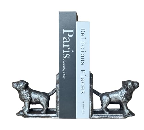 1 Pair Dog Book Ends Dog Decorative Bookends for Shelf Vintage Cast Iron Book Ends for Heavy Books for Home, Office （Retro Silver Dog） - color: Retro Silver Dog