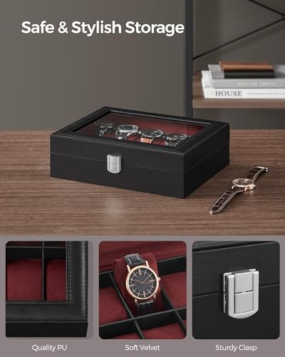 SONGMICS Watch Box, 10-Slot Watch Case Organizer with Large Glass Lid, Removable Pillows, Gift for Loved Ones, Black Synthetic Leather, Wine Red Lining UJWB010R01 - color: Black + Wine Red, size: 10 Slot
