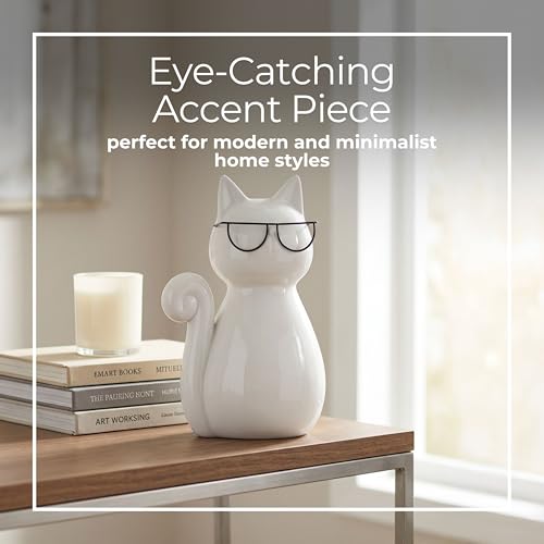 7" Cat with Glasses Sculpture - Contemporary Porcelain White and Black Cat Statue for Home or Office Decor - Cat Lover Gift Idea - Decorative Home Decor Accent - size: 7.0" H