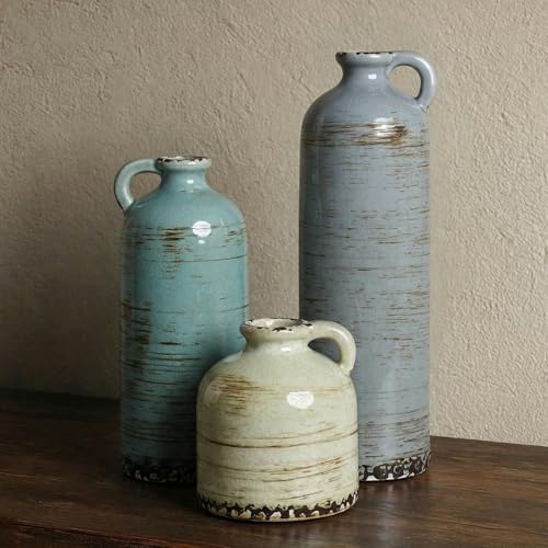 Morandi Ceramic Vase Set with Handle – 3pcs Rustic Pottery Jug Vases for Home Decor, Living Room, Table Centerpiece & Shelf Display – Glazed Vintage Ceramic Vases for Flowers - color: Morandi Colors02