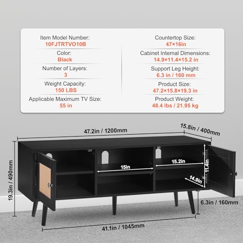 VEVOR Rattan TV Stand, Boho TV Cabinet for 55 inch TV, Mid Century Modern TV Stand, Rattan TV Console with Adjustable Shelfs for Living Room, Media Room, Black - color: Black, size: for 55" TVs