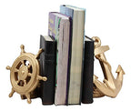 Ebros Nautical Coastal Marine Home Decor Ship Anchor and Captain's Helm Wheel Bookends Pair Set Statue 7.5" Tall in Gold Finish Decorative Office Study-Room Library Desktop Figurines