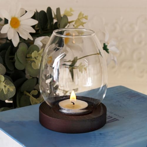 Glass Candle Holders, Egg Shaped Candlestick Holder with Wooden Base Clear Candle Stand Vintage Candles Rack, Rustic Farmhouse Decor for Wedding, Decoration and Dinning