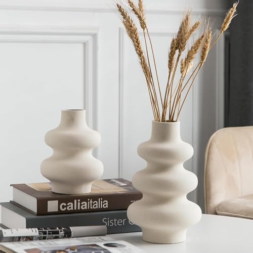 Ceramic Vase Set of 2 - Off White Boho Round Vases, Modern Pampas Vases, Dried Flower Vase Home Decor for Centerpieces Wedding Dinner Table Party Living Room Office Bedroom - color: Creamy Off-white/Light Beige