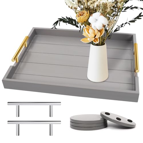 SXNOWS Wooden Serving Tray with 2 Sets of Handles,Large Ottoman Tray for Living Room, Rectangular Wood Tray for Coffee Table, Modern Farmhouse Kitchen Decor, 4 Round Coasters Included,Gray - color: Gray