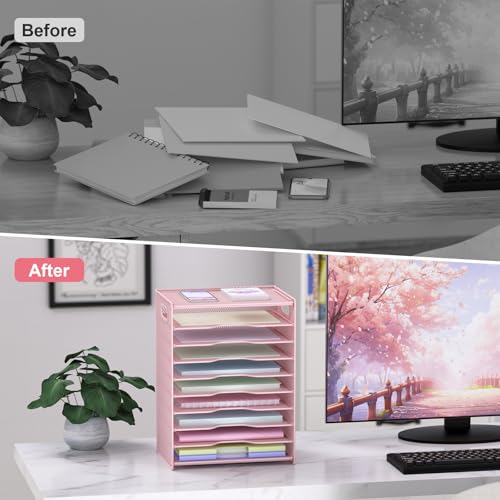 OUTWOLF 10 Tier Paper Organizer - Letter Tray Mesh Desk File Organizer with Handles for Office School Desktop, Pink - color: Pink