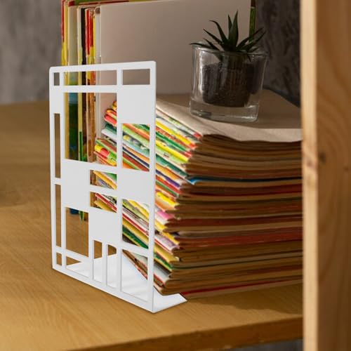 2Pcs Minimalist Metal Bookends Sturdy Hollow Square Book Holders in White Desktop Book Organizers with Elegant Pattern Design for Home and Office Decor