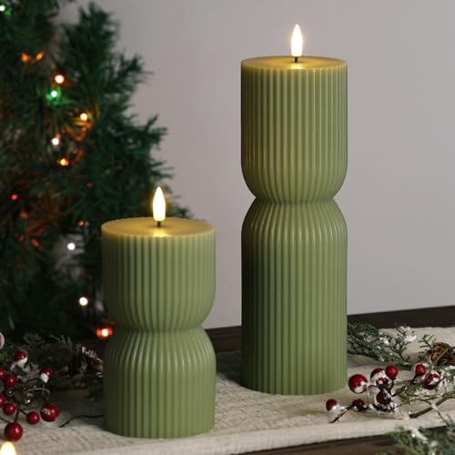 Olive Green Ribbed Flameless Pillar Candles with Remote, LED Candles Battery Operated Flickering Real Wax Set of 2 - color: Olive Green