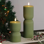 Olive Green Ribbed Flameless Pillar Candles with Remote, LED Candles Battery Operated Flickering Real Wax Set of 2 - color: Olive Green