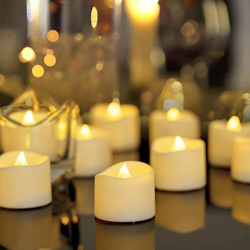 Homemory 48-Pack Novelty Flickering Flameless Tea Lights Candles, 200+Hours Battery-Operated LED Fake Candles for Wedding Table Centerpieces,Proposal,Anniversary, Ivory Base, Ø1.5'' × H1.3'' - color: Warm White Glow, Ivory Base, size: Pack of 48
