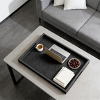 25x18 inches Leather Ottoman Serving Tray with Hole Handles, Rectangle Large Modern Service Tray for Living Room, Coffee Table, Bed, Tea, Food, Butler Countertop, Kitchen, Dinner, Picnic (Black) - color: Black, size: 25" x 18" x 2"