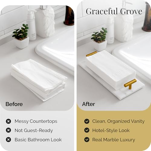 Marble Guest Towel Tray – Luxury Countertop Napkin Holder for Bathroom & Vanity, Real Natural Stone with Brass Handles, Includes Marble Care Cloth