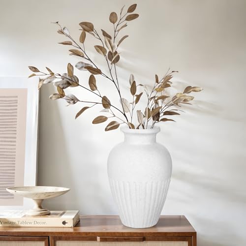 Rustic Ceramic Vase 11 Inch Farmhouse Pottery Clay Vase Distressed Flower Vases for Boho Home Decor Living Room Enterway Shelf Decor Pampas Grass - White - color: 11 Inch White