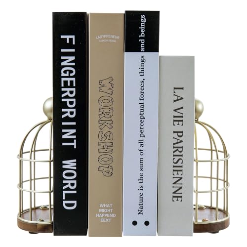 MyGift Vintage Brass Bookends, Decorative Gold Book Ends for Office Desk Home Shelf Decor, Metal Birdcage with Premium Acacia Solid Wood Base