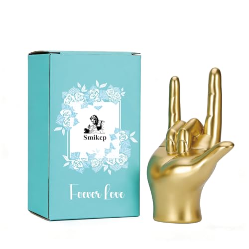Gold Resin Rock On Hand Gesture Statue - Modern Office Desk Decor & Home Shelf Accents - Rock Culture Music Lovers' Decorative for Living Room, Bookshelf, 6.89"