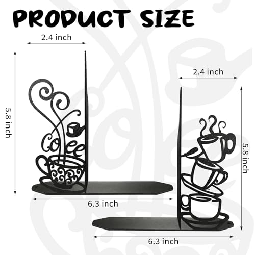 Creative Coffee Cup Decorative Bookend for Shelves, Metal Bookends for Heavy Books, Unique Cute Cookbook Organizer Book Holder for Kitchen Housewarming Cooking Book Lover Gifts - color: Black