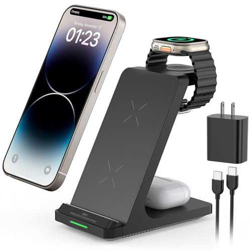 Wireless Charging Station, 3 in 1 Fast Wireless Charger Stand for Multiple Devices Apple Watch Ultra Series 11 10 9 8 7 6 SE 5 4 3 2, iPhone 17 16 15 14 13 12 11 Pro Max/Plus/Air/X/XS/XR, Airpods Pro - color: Black