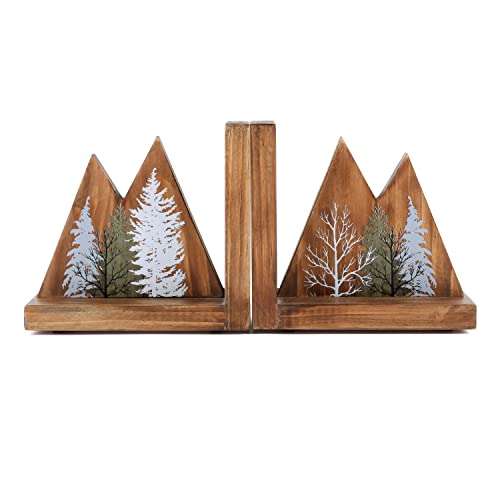 NIKKY HOME Heavy Duty Non Slip Rustic Woodland Mountain Wood Bookend Forest Book Ends Book Stoppers for Cabin Decor Home and Office Shelves Children - color: Forest