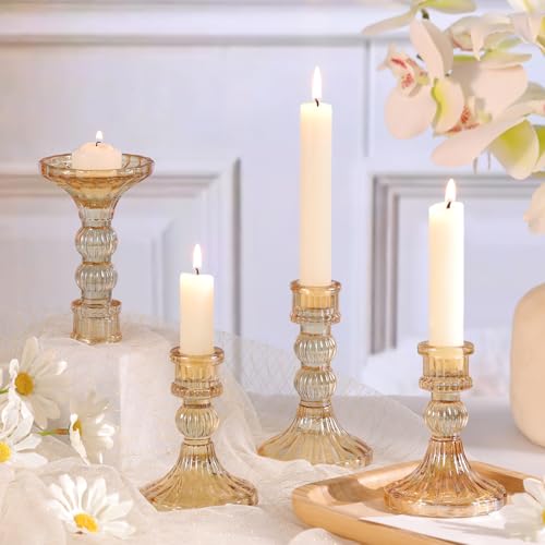 DARJEN 6Pcs Gold Candlestick Holders Set - 4" H & 5" H Striped Taper Candle Holders Bulk, Glass Candle Holders for Wedding, Festival, Party, Table Centerpiece, Gifts - color: Gold, size: Striped Pattern
