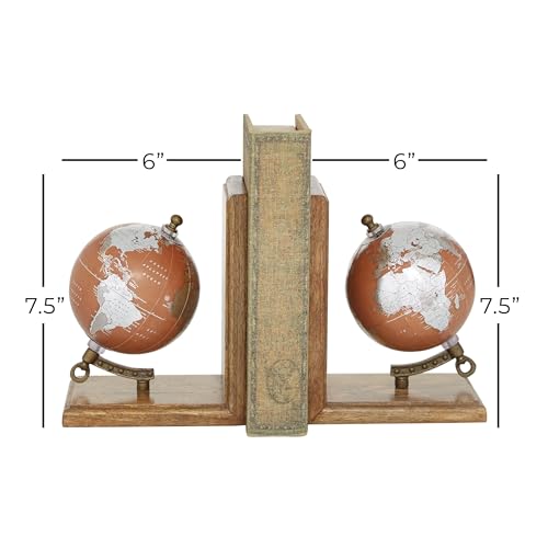 Deco 79 Wood Decorative Bookends Globe Non Skid Bookends, Set of 2 Office Bookends7", 7"H, Brown