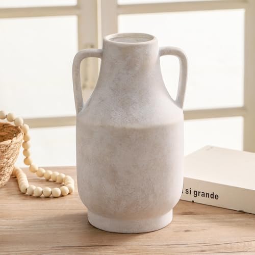 Mitt&Ditt Ceramic Flower Vase with Handles, 11 inch Tall Off-White Vase, Large Decorative Terracotta Vases, Farmhouse Rustic Pottery Vases for Home Decor, Living Room, Table - color: A-11"h-antique