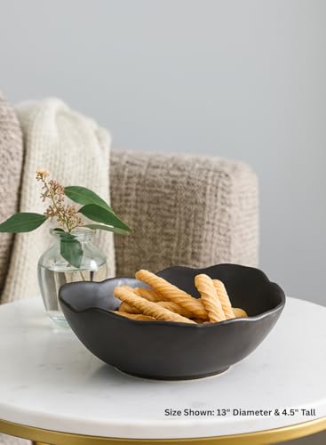 Serene Spaces Living Organic Wavy Rim Ceramic Bowl, Handcrafted Centerpiece for Table, Shelf or Kitchen, Home Décor Bowl, Minimalist Gift for Housewarming or Wedding, 13" Diameter & 4.5" Tall - color: Black - XXL - Pack of 1