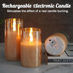 Rechargeable Flameless Candle, Flashing LED Pillar Real Wax Candle with Remote Control and Timer, Upgraded Teardrop Wick, Gold Glass Electronic Candle, 1 Set of 3 - color: Gold Glass-Droplet