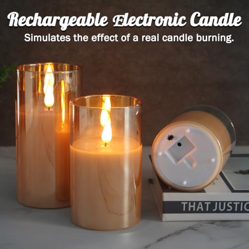 Rechargeable Flameless Candle, Flashing LED Pillar Real Wax Candle with Remote Control and Timer, Upgraded Teardrop Wick, Gold Glass Electronic Candle, 1 Set of 3 - color: Gold Glass-Droplet