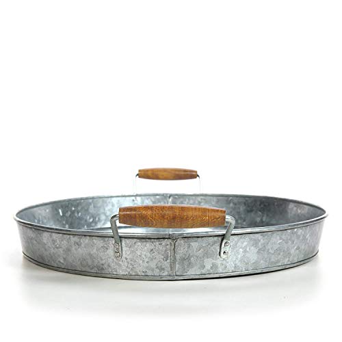 Round Metal Tray with Wooden Handle, Modern Industrial Style, Sleek Rustic Storage Display Coffee Table Home Decor Tray (Clear)