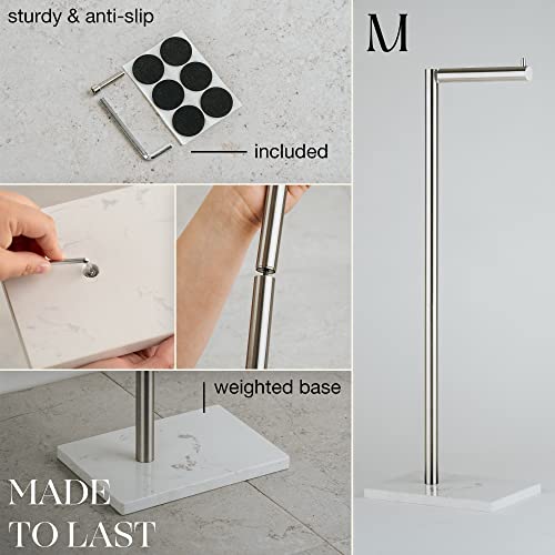 MARMOLUX ACC Free Standing Brushed Nickel Toilet Paper Holder Stand White Marble Base and Storage | 4 Jumbo Roll Bathroom Hardware Toilet Tissue Organizer | Stainless Steel Bathroom Decor Accessory - color: Steel Brushed/White Marble