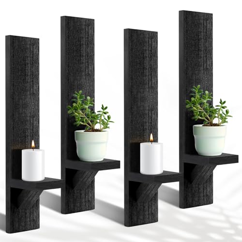 Potchen 4 Set Wooden Wall Candle Holder Sconces Mount Decorative Holders Decor Rustic Hanging Shelf Living Room Decoration for Farmhouse Bathroom Bedroom Vase Living Room(Black) - color: Black