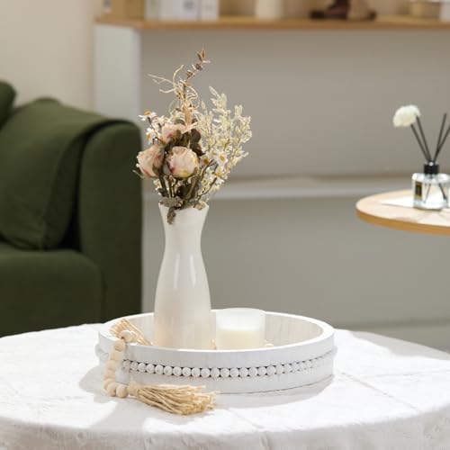 Decorative Wooden Tray: Beaded Round Coffee Table Tray for Centerpiece, Rustic Farmhouse Wood Serving Tray for Entry, Living Room and Kitchen Counter Decor, 11.8 inch - Distressed White