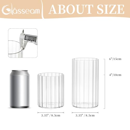 Glasseam Ribbed Glass Candle Holder: Set of 6 Clear Hurricane Candle Holder Cylinder Candle Holders for Pillar Candles Decorative Floating Candle Vases for Centerpieces Wedding Table Decoration 3.94’’ - color: 6, size: Ribbed-4in