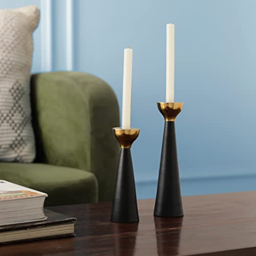 Rely+ Black & Gold Taper Candle Holders Set of 2 – Modern Metal Candlestick Holders for Dining Table Centerpiece, Home Décor, Wedding & Party Decorations