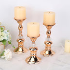 OwnMy Set of 3 Rose Gold Metal Pillar Candlestick Holders Brass Pillar Candle Holders for 3 Inch Candles, Elegant Metal Crystal Candle Stands for Dining Table, 6.7"+8.3"+9.3" Height Set