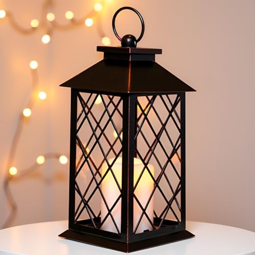 HOSY 13" Metal Vintage Lantern with Pillar Flameless Candles, Battery Operated Decorative Hanging Retro Iron Lantern with LED Plastic Candle (Bronze) - color: Bronze