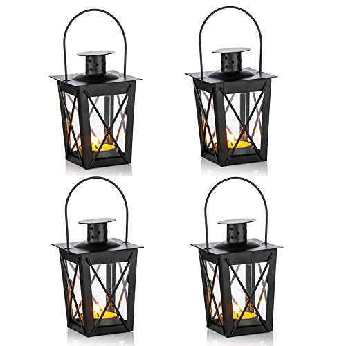 4 Pcs Vintage Black Metal Mini Decorative Candle Lanterns Tealight Candle Holder & Led Tea Light Candleholder Decoration for Birthday Parties Wedding Centerpiece Relaxing Spa Setting (Black, 4 Pcs) - size: 4 Pcs