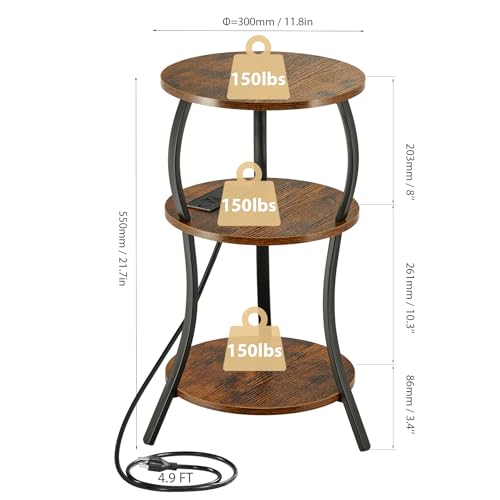 Small Round Side Table with Charging Station, 3-Tier Waist Circular End Table with Storage Shelf, Compact Tea Sofa Side Table Small Spaces, Round Corner Coffee Table for Living Room Bedroon,Brown - color: Rustic Brown, style: USB Charger