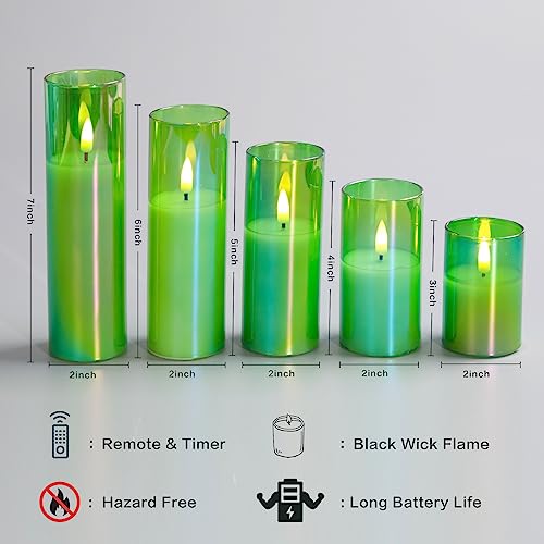 Eywamage Green Glass Flameless Candles with Remote Batteries, LED Pillar Candles Flickering Spring Home Decor Set of 5 - color: Green