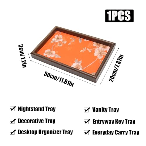 Wooden Valet Tray with Floral Base, EDC Catch All Tray Nightstand Entryway Table Vanity Organizer 11.8x7.9, Orange Vintage Blossoms - color: Orange Blossoms